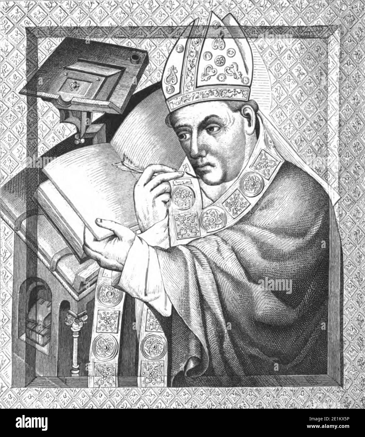 Peinture sur panneau par un artiste du XVe siècle de l'école de Prague; elle représente Saint Augustin comme un scribe épiscopal. L'arrière-plan et les ornements de la robe sont estampillés en relief délicat sur le sol gesso puis doré. Cette photo, qui se trouve maintenant dans la Galerie de Vienne, faisait partie à l'origine du revêtement peint de la chapelle du château de Karlstein. D'après le livre ' manuscrits illuminés dans les temps classiques et médiévaux : leur art et leur technique ' de Middleton, J. H. (John Henry), 1846-1896 publié en 1892 Banque D'Images
