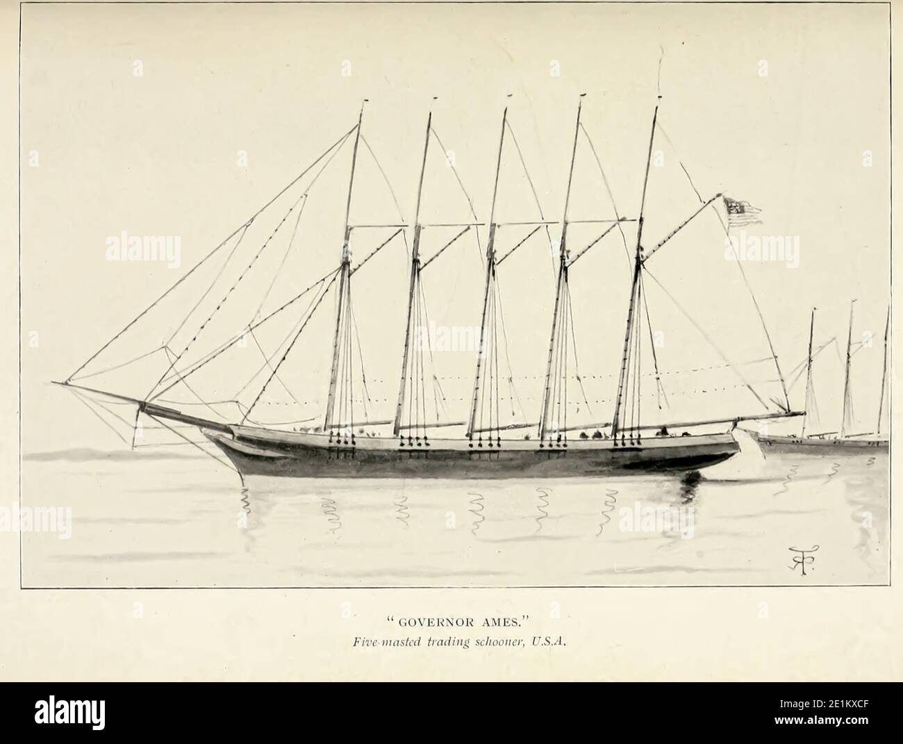 Croquis du «Governor Ames» un cinq masted trading Schooner, USA du livre ' Pen and Pencil sketches of Shipping and Craft all round the World ' de Pritchett, Robert Taylor publié à Londres en 1899 Banque D'Images