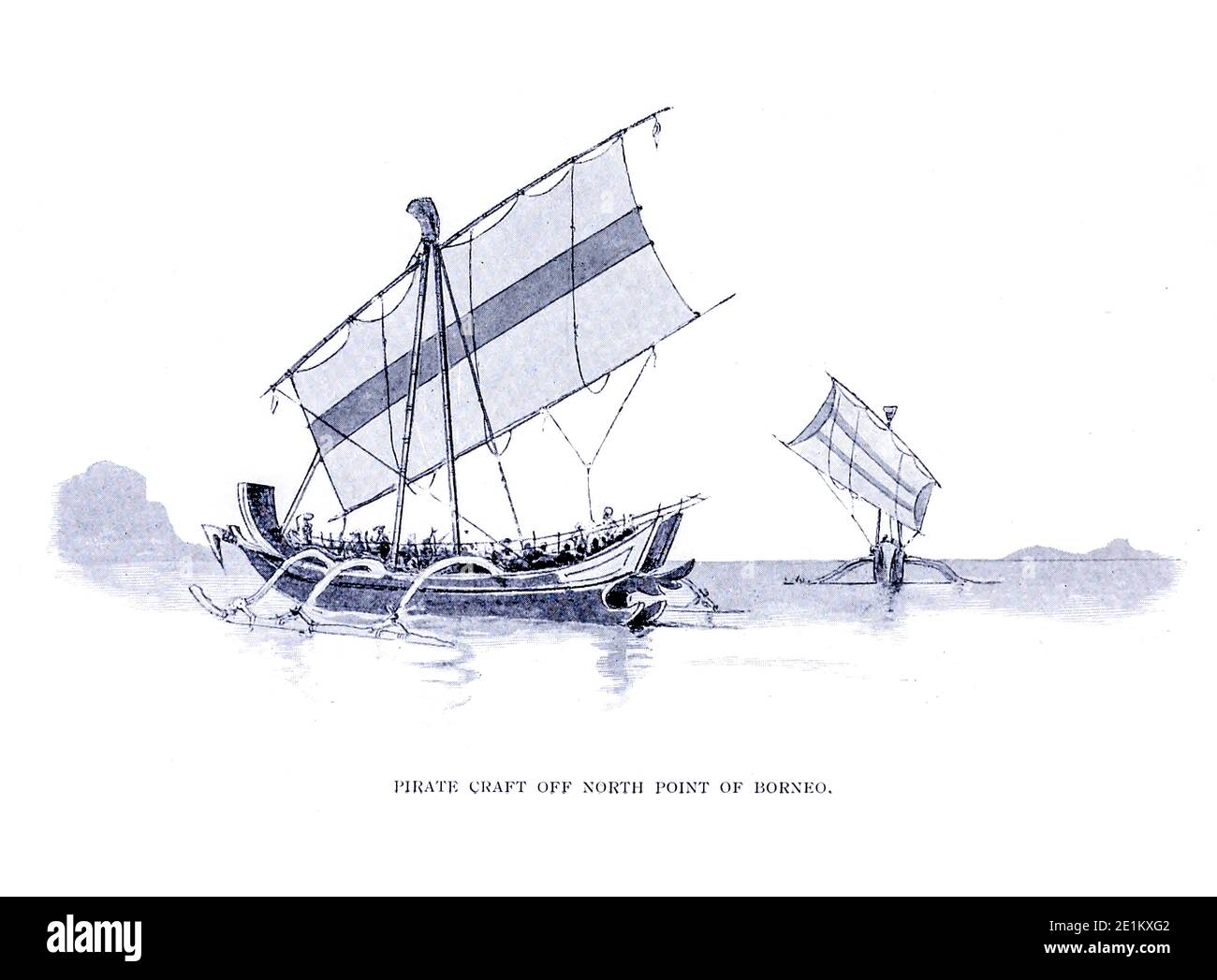 Croquis d'un Pirate Craft off North point of Borneo du livre ' Pen and Pencil sketches of Shipping and Craft all round the World ' de Pritchett, Robert Taylor publié à Londres en 1899 Banque D'Images