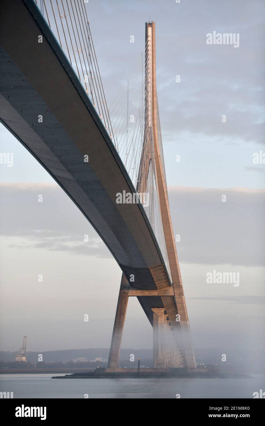 Le Pont de Normandie sur l'estuaire de la Seine (Normandie, Nord de la France) : détail du pont routier à câbles avec pylône et fils de type t Banque D'Images