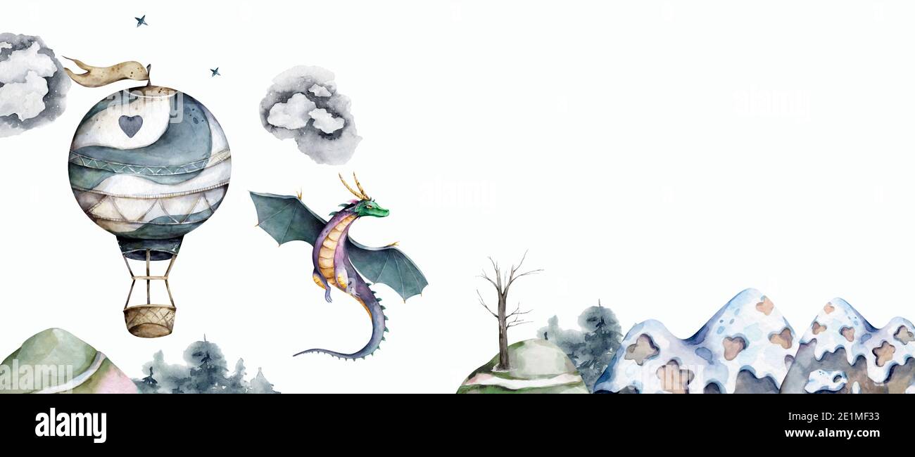 Bannière magique mignonne avec château de fées, dragon, arc-en-ciel coloré, princesse et autres éléments de fée et Banque D'Images