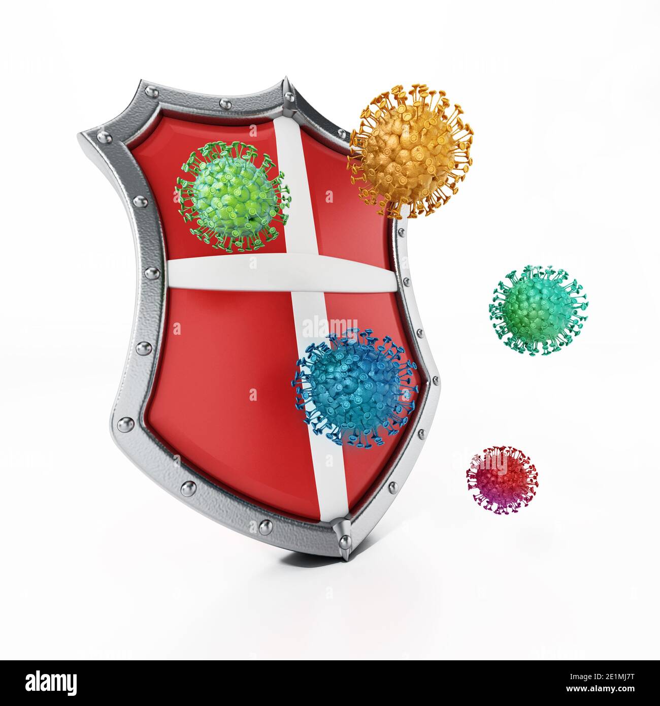 Virus colorés et bouclier isolés sur fond blanc. Illustration 3D. Banque D'Images