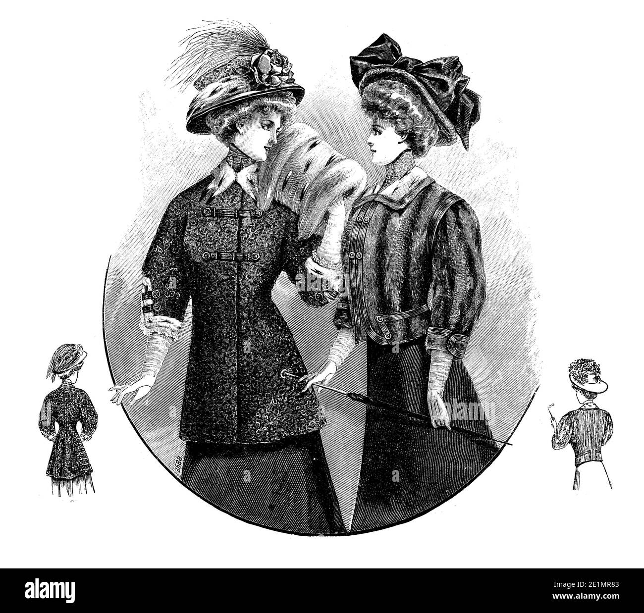Dames Fashion 1907, longues et élégantes lignes avec corset pour obtenir une silhouette étroite, la poitrine complète et les hanches courbes, complété par des chapeaux larges et Gibson fille coiffure, frontal et vue arrière Banque D'Images