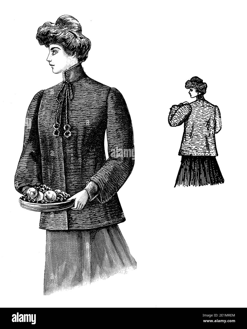 Dames Fashion 1907, des lignes longues, élégantes et minces pour obtenir une silhouette féminine également lors du port d'une veste sévère, complété avec Gibson fille hairstyle, frontal et vue arrière Banque D'Images
