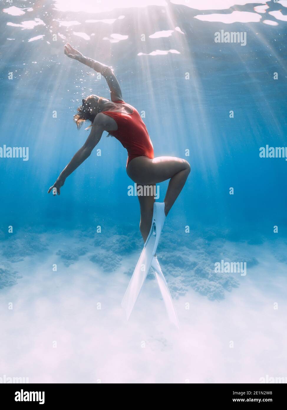 Belle femme freediver avec des nageoires blanches posant sous l'eau dans la mer tropicale. Banque D'Images