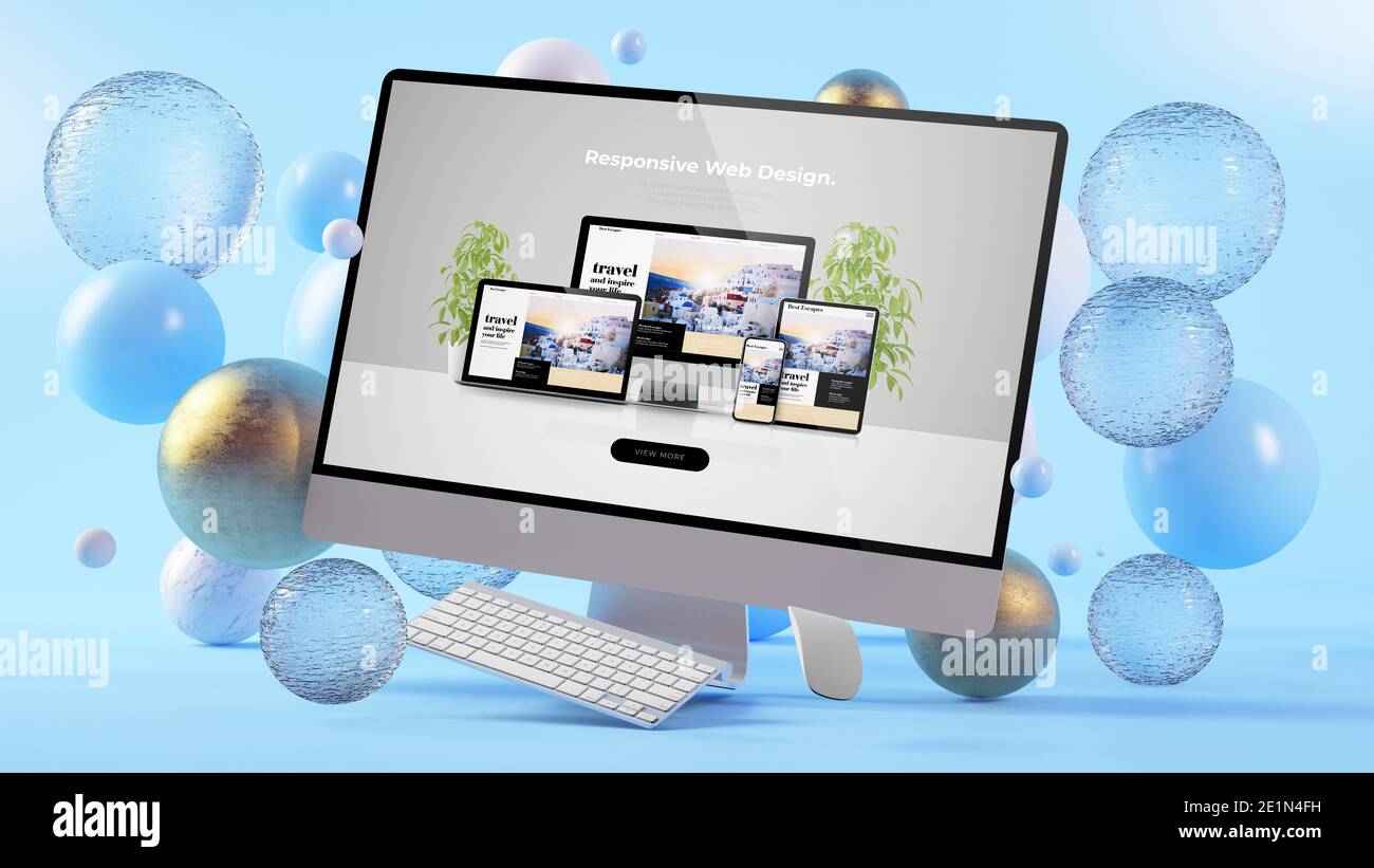 Maquette d'écran de site Web avec rendu 3d des sphères environnantes Banque D'Images