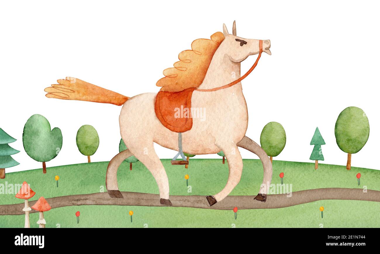 Cheval de dessin animé aquarelle. Illustration Kiddish du cheval de dessin animé qui tourne à travers le champ. Banque D'Images