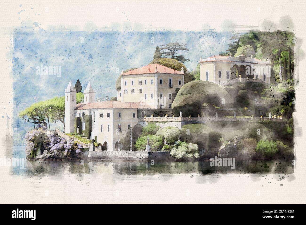 Villa del Balbianello à Lenno, Lombardie, surplombant le lac de Côme dans le nord de l'Italie. Aquarelle Illustration. Banque D'Images