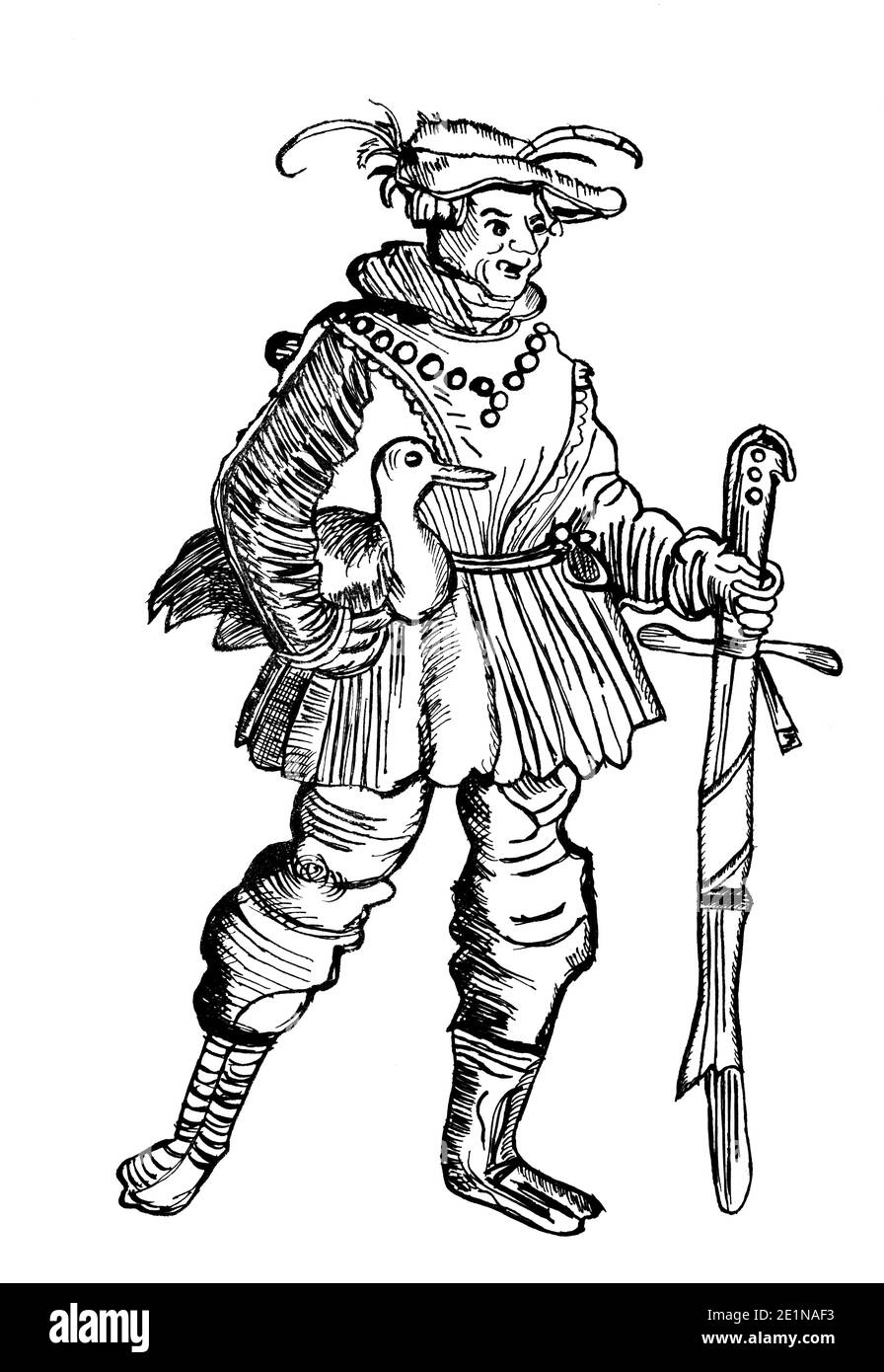 Un dessin noir et blanc d'un homme médiéval qui tient une épée et un oiseau dans ses mains Banque D'Images