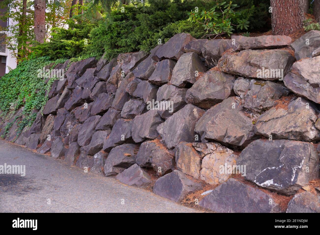 Le sommet de la pente est planté de plantes. L'escarpement à côté de la route est renforcé par des blocs de roche. Banque D'Images