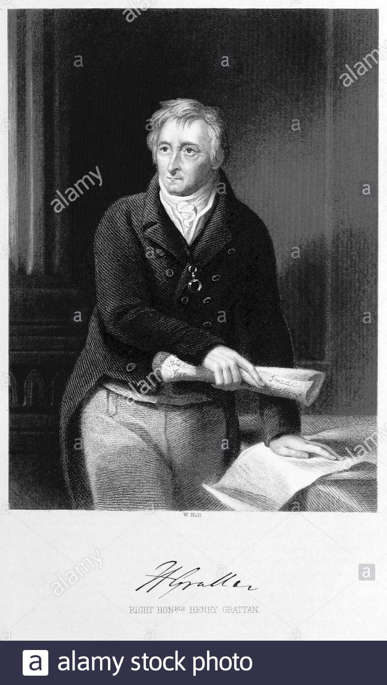 Le portrait de Henry Grattan, 1746 – 1820, était un homme politique et un avocat irlandais qui a fait campagne pour la liberté législative du Parlement irlandais à la fin du XVIIIe siècle en provenance de Grande-Bretagne, illustration ancienne de 1863 Banque D'Images