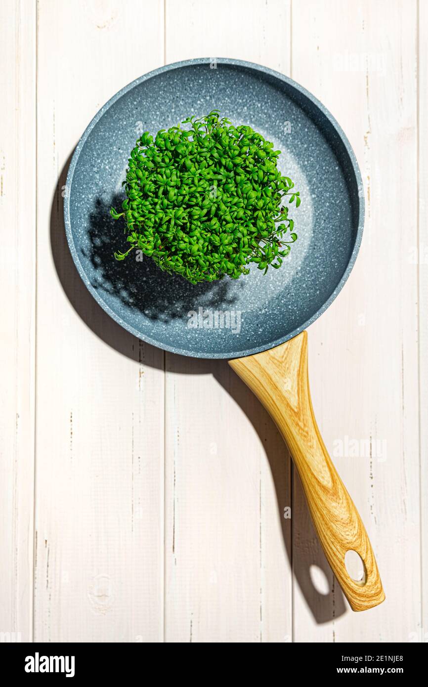 Micro-légumes verts dans une poêle avec poignée en bois sur fond blanc en bois. Banque D'Images