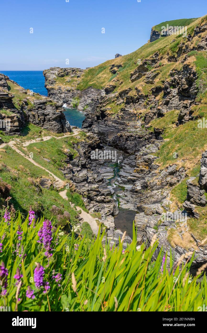 Vue panoramique sur la vallée des Rocheuses et la rivière Trevillet en direction de la mer pendant l'été 2018, Cornwall, Angleterre, Royaume-Uni Banque D'Images