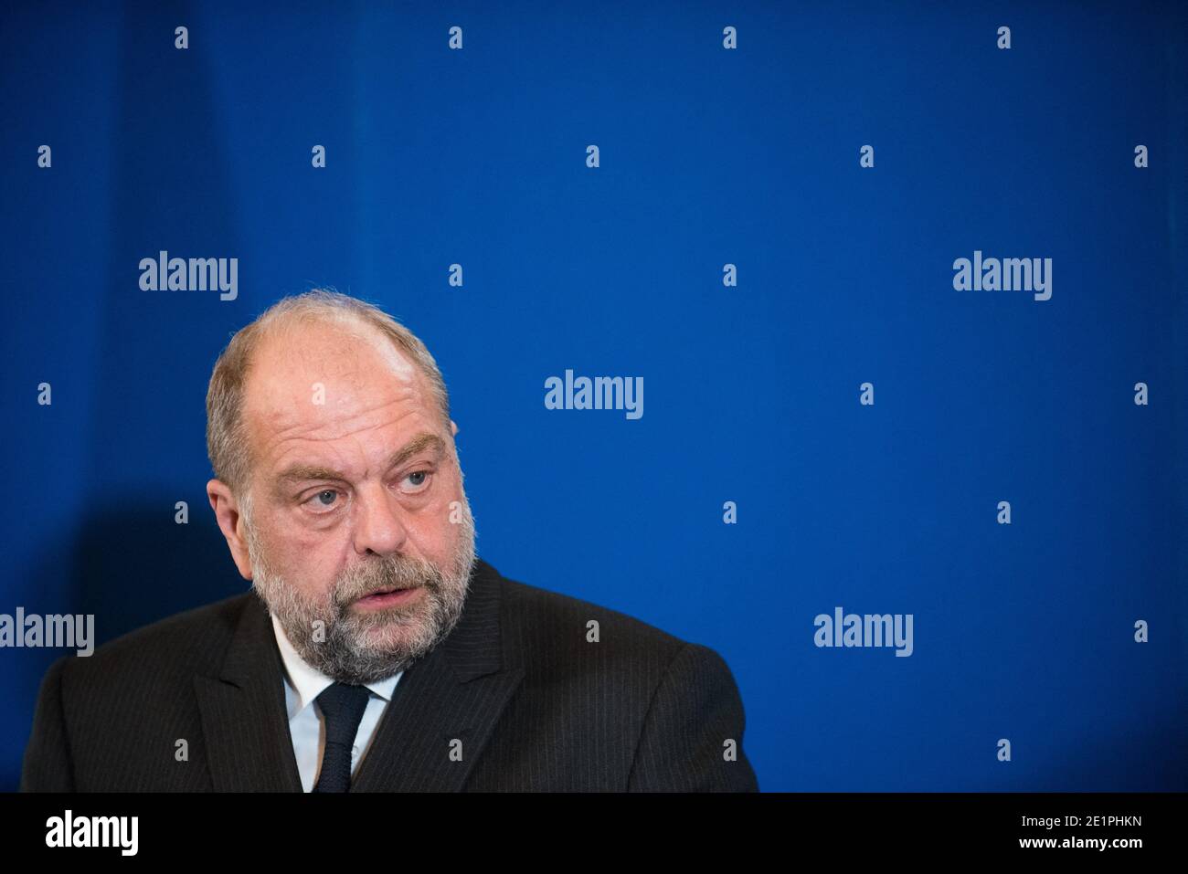 Le ministre français de la Justice, Eric Dupond-Moretti, parle lors d'une conférence de presse de la présentation du budget 2021 du ministre de la Justice, à Paris, en France, le 29 septembre 2020. Photo de Julie Sebadelha/ABACAPRESS.COM Banque D'Images