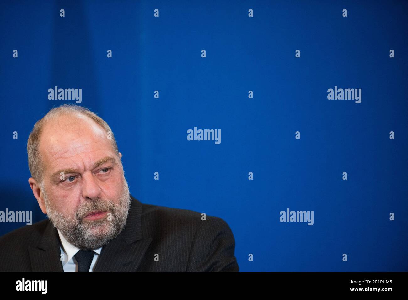 Le ministre français de la Justice, Eric Dupond-Moretti, parle lors d'une conférence de presse de la présentation du budget 2021 du ministre de la Justice, à Paris, en France, le 29 septembre 2020. Photo de Julie Sebadelha/ABACAPRESS.COM Banque D'Images