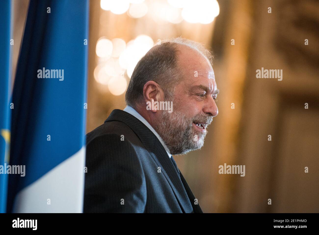 Le ministre français de la Justice, Eric Dupond-Moretti, parle lors d'une conférence de presse de la présentation du budget 2021 du ministre de la Justice, à Paris, en France, le 29 septembre 2020. Photo de Julie Sebadelha/ABACAPRESS.COM Banque D'Images