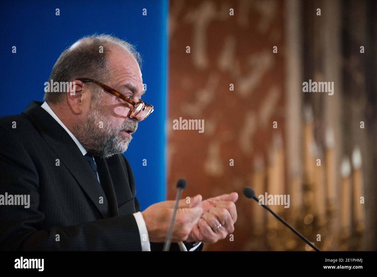 Le ministre français de la Justice, Eric Dupond-Moretti, parle lors d'une conférence de presse de la présentation du budget 2021 du ministre de la Justice, à Paris, en France, le 29 septembre 2020. Photo de Julie Sebadelha/ABACAPRESS.COM Banque D'Images
