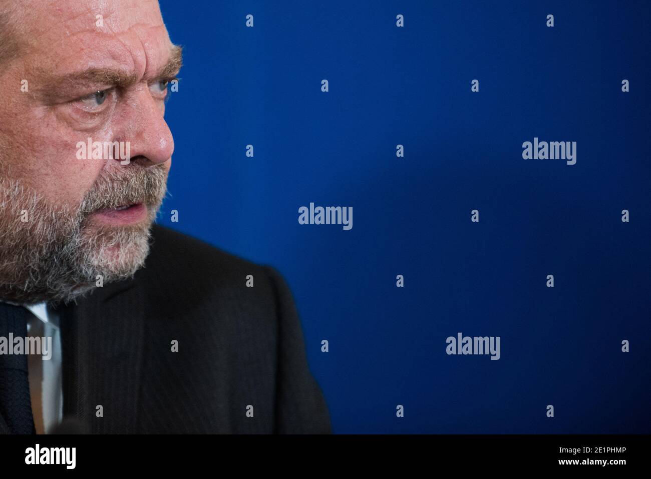 Le ministre français de la Justice, Eric Dupond-Moretti, parle lors d'une conférence de presse de la présentation du budget 2021 du ministre de la Justice, à Paris, en France, le 29 septembre 2020. Photo de Julie Sebadelha/ABACAPRESS.COM Banque D'Images