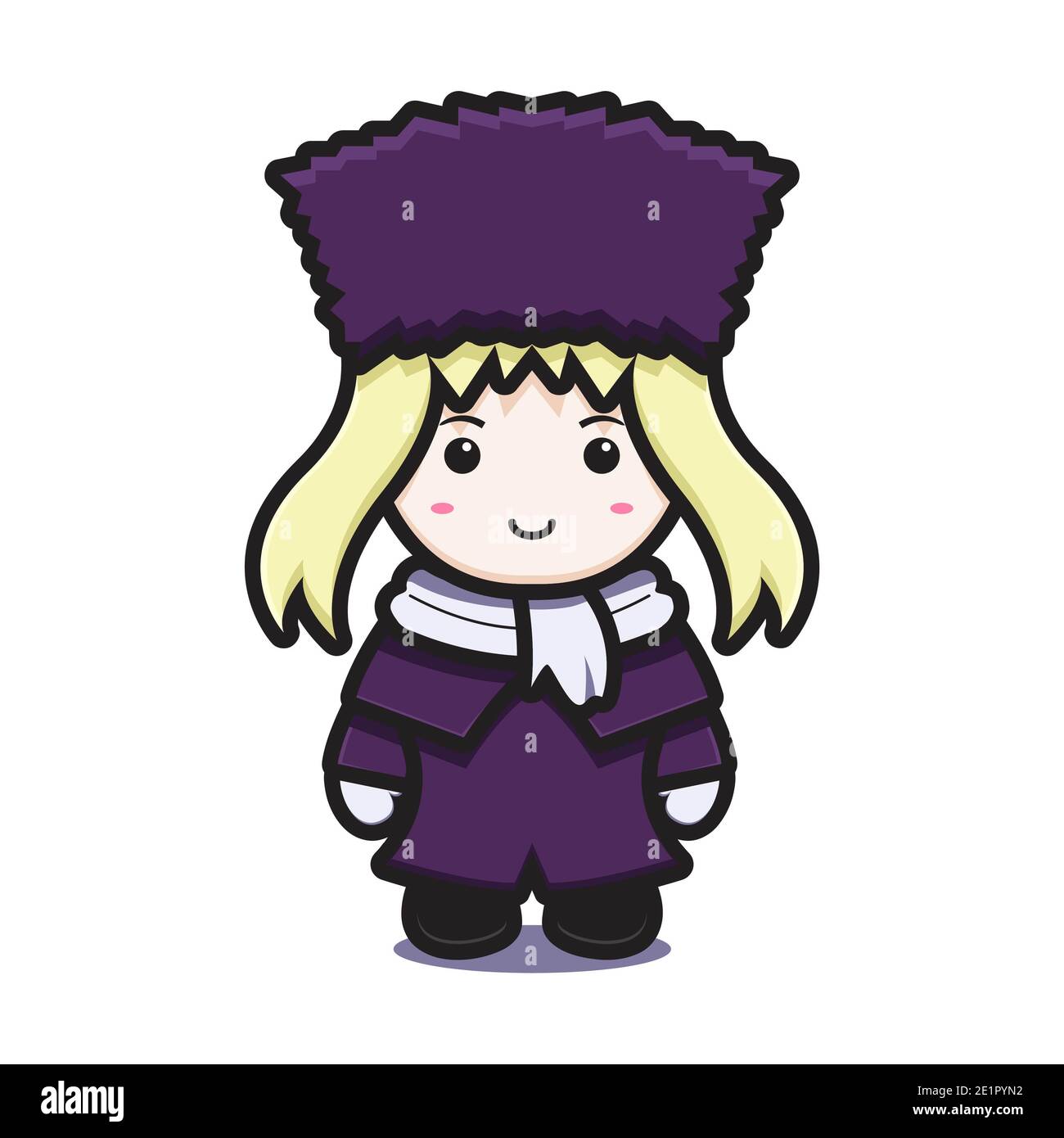 Jolie Fille Avec Personnage De Mascotte Costume D Hiver Avec Dessin Anime Vecteur Visage Heureux Conception Isolee Sur Blanc Style Dessin Anime Plat Photo Stock Alamy