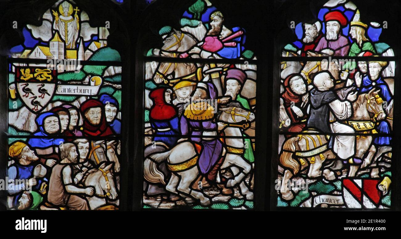 Une vitrail de F. H. Spear (1902 - 1979) représentant des scènes des contes de Canterbury, église de St Andrew, Holt, Norfolk Banque D'Images