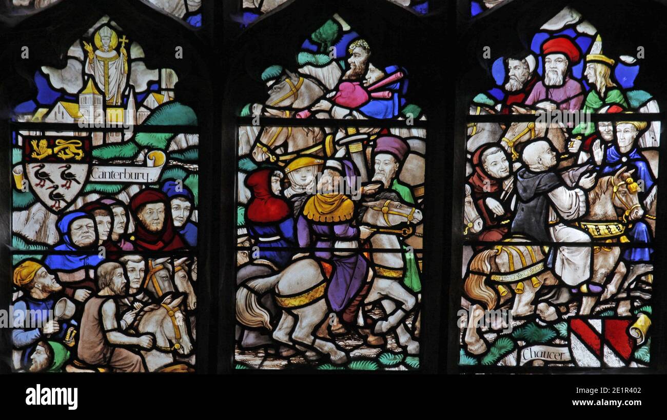 Une vitrail de F. H. Spear (1902 - 1979) représentant des scènes des contes de Canterbury, église de St Andrew, Holt, Norfolk Banque D'Images