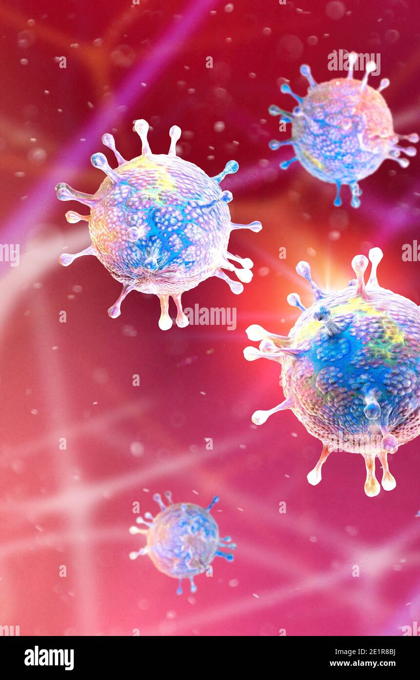 Vue microscopique du coronavirus, un agent pathogène qui attaque les voies respiratoires. Covid-19. Analyse et test, rendu 3d. Infection virale. Propagation Banque D'Images