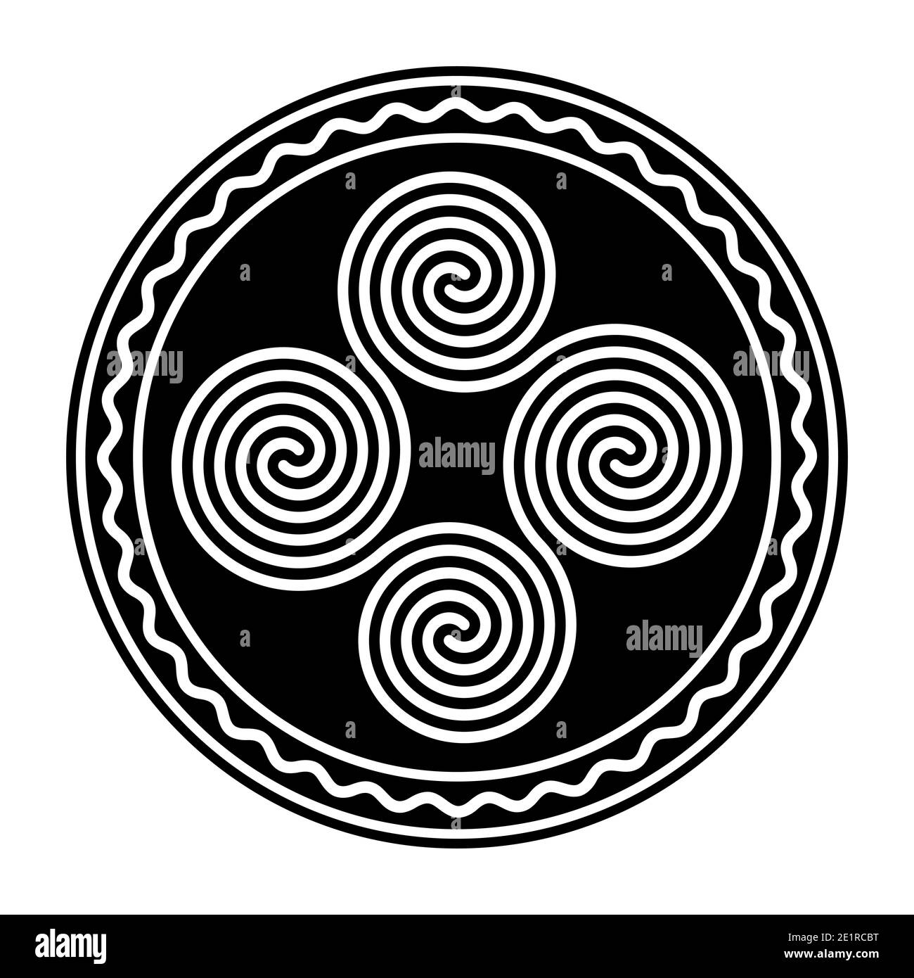 Quatre spirales Celtic doubles connectées, dans un cadre circulaire avec une ligne ondulée blanche. Quadruplée, formée par quatre spirales archimédiennes interverrouillées. Banque D'Images