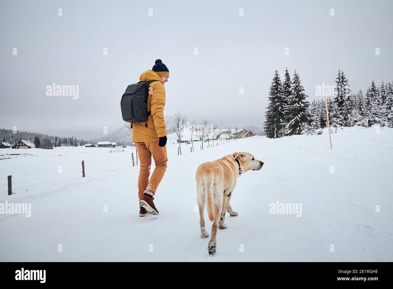 Vue arrière du jeune homme avec chien en hiver. Le propriétaire d'animaux de compagnie avec son labrador retriever marchant contre le vieux village dans une belle nature. Jizera montagnes, cz Banque D'Images