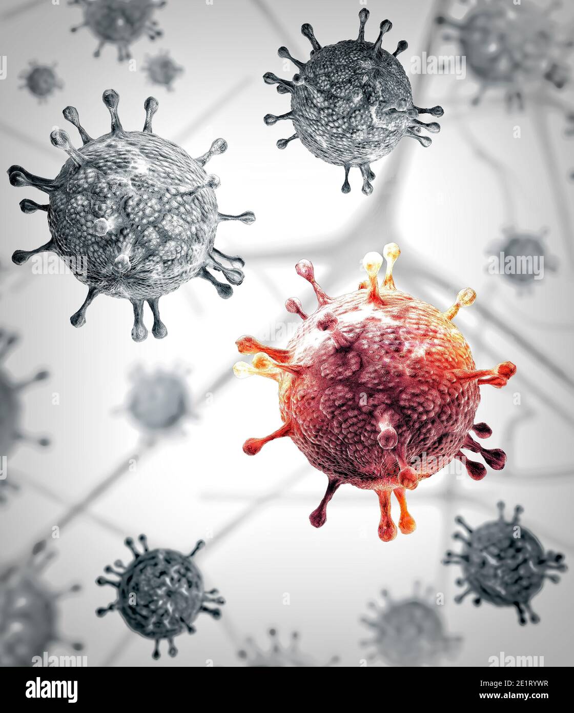 Vue microscopique du coronavirus, un agent pathogène qui attaque les voies respiratoires. Covid-19. Analyse et test, rendu 3d. Infection virale. Propagation Banque D'Images