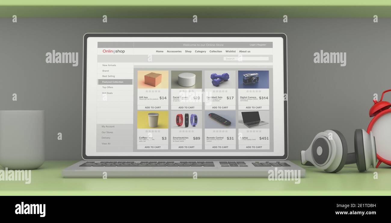 Site Web de la boutique en ligne, Eshop, ecommerce, page Web de marketing numérique sur un écran d'ordinateur portable, arrière-plan de bureau. illustration 3d Banque D'Images
