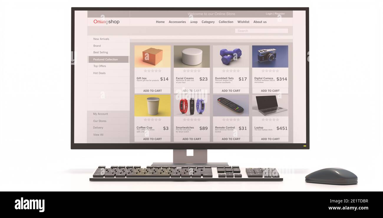 Site Web de la boutique en ligne, Eshop, ecommerce, page Web de marketing numérique sur un écran d'ordinateur isolé sur fond blanc. illustration 3d Banque D'Images