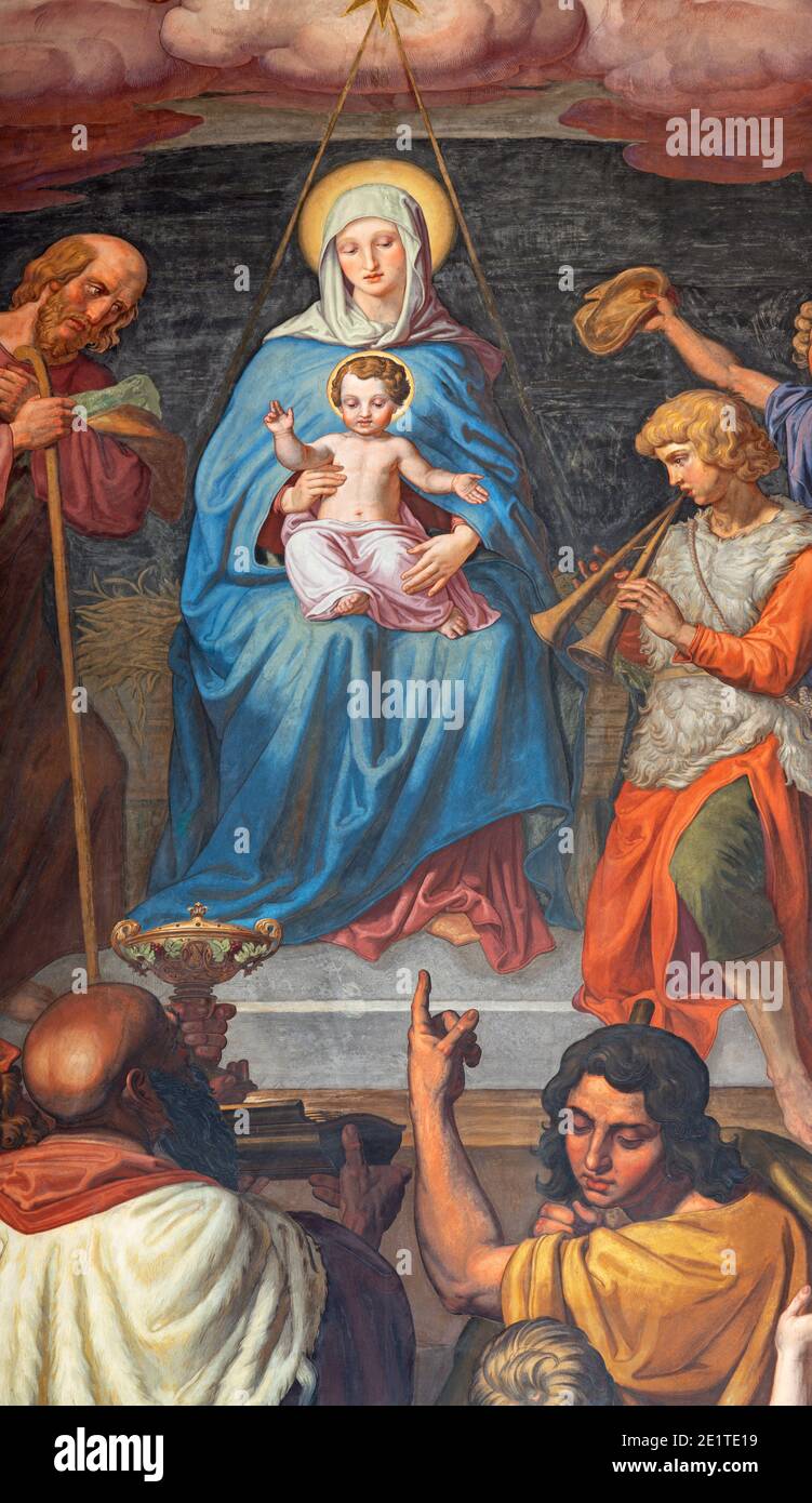 VIENNE, AUSTIRA - 22 OCTOBRE 2020 : le détail de la fresque de la scène de l'arbre Magis dans l'église Saint-Jean-Népomuk par Leopold Schulz (1845). Banque D'Images