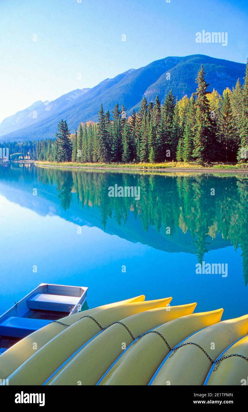 Location de canoës sur la rivière Bow à Banff, Alberta, Canada Banque D'Images