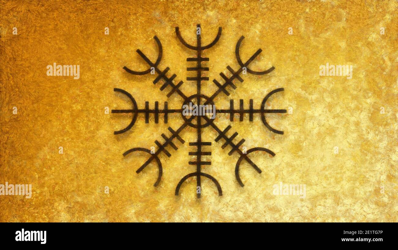 Symbole scandinave sur fond doré. Travail artistique sur le thème de la religion Banque D'Images