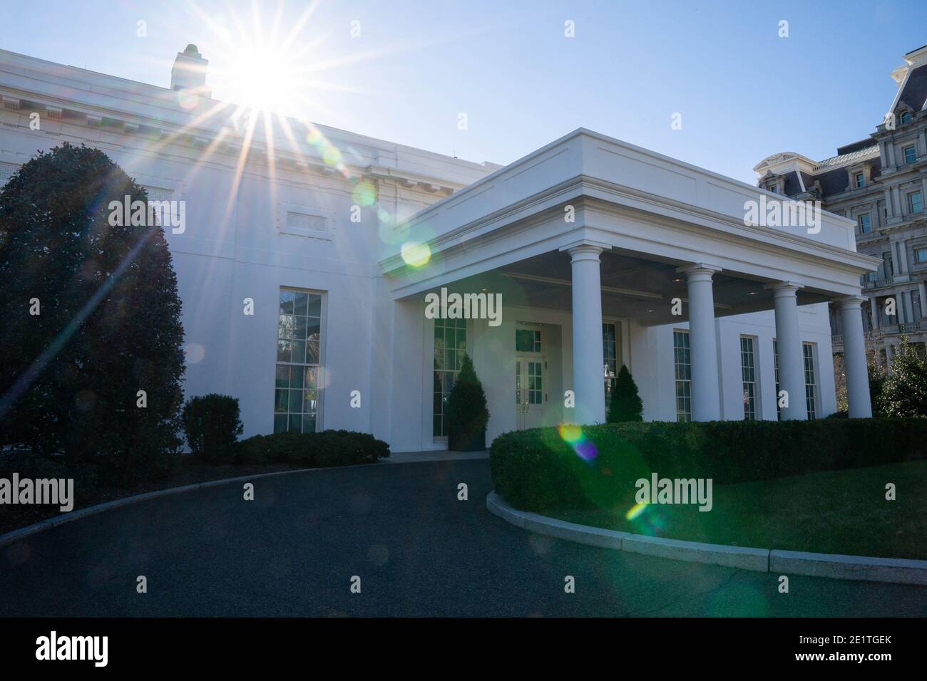 Vues de l'aile ouest de la Maison Blanche le 9 janvier 2021 à Washington DC. Hier, Trump a tweeté, «à tous ceux qui ont demandé, je ne serai pas à l'inauguration le 20 janvier. Son compte Twitter est également suspendu de façon permanente. Photo de Ken Cedeno/Pool/ABACAPRESS.COM Banque D'Images