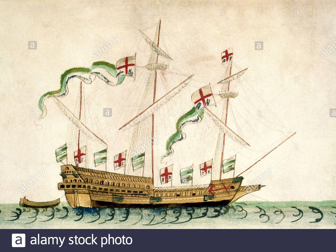 Le Galleass Grayound, navire de cuisine d'Henry VIII, illustration vintage de 1546 Banque D'Images