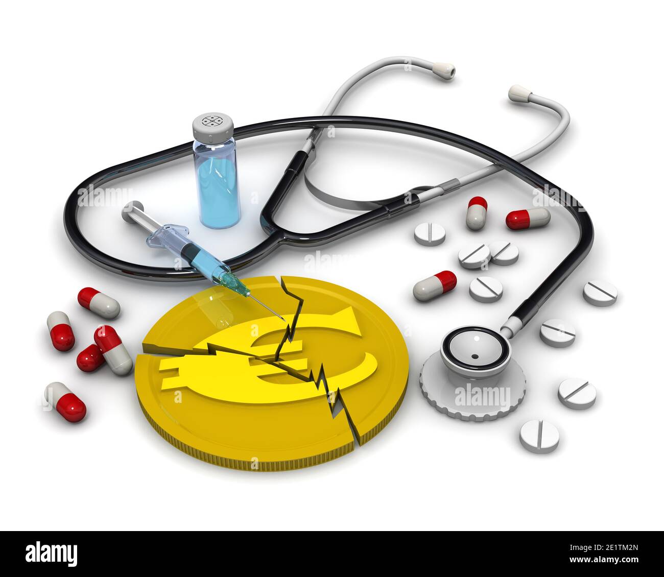 Sauver l'économie européenne. Une pièce d'or craquée avec le symbole de la monnaie de l'UE - l'euro, le phonendoscope et les médicaments sur une surface blanche. Banque D'Images