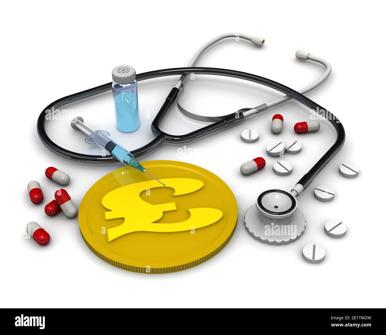 Le salut économique du Royaume-Uni. Pièce d'or avec le symbole de la livre sterling britannique, phonendoscope et médicaments sur une surface blanche. Illustration 3D Banque D'Images