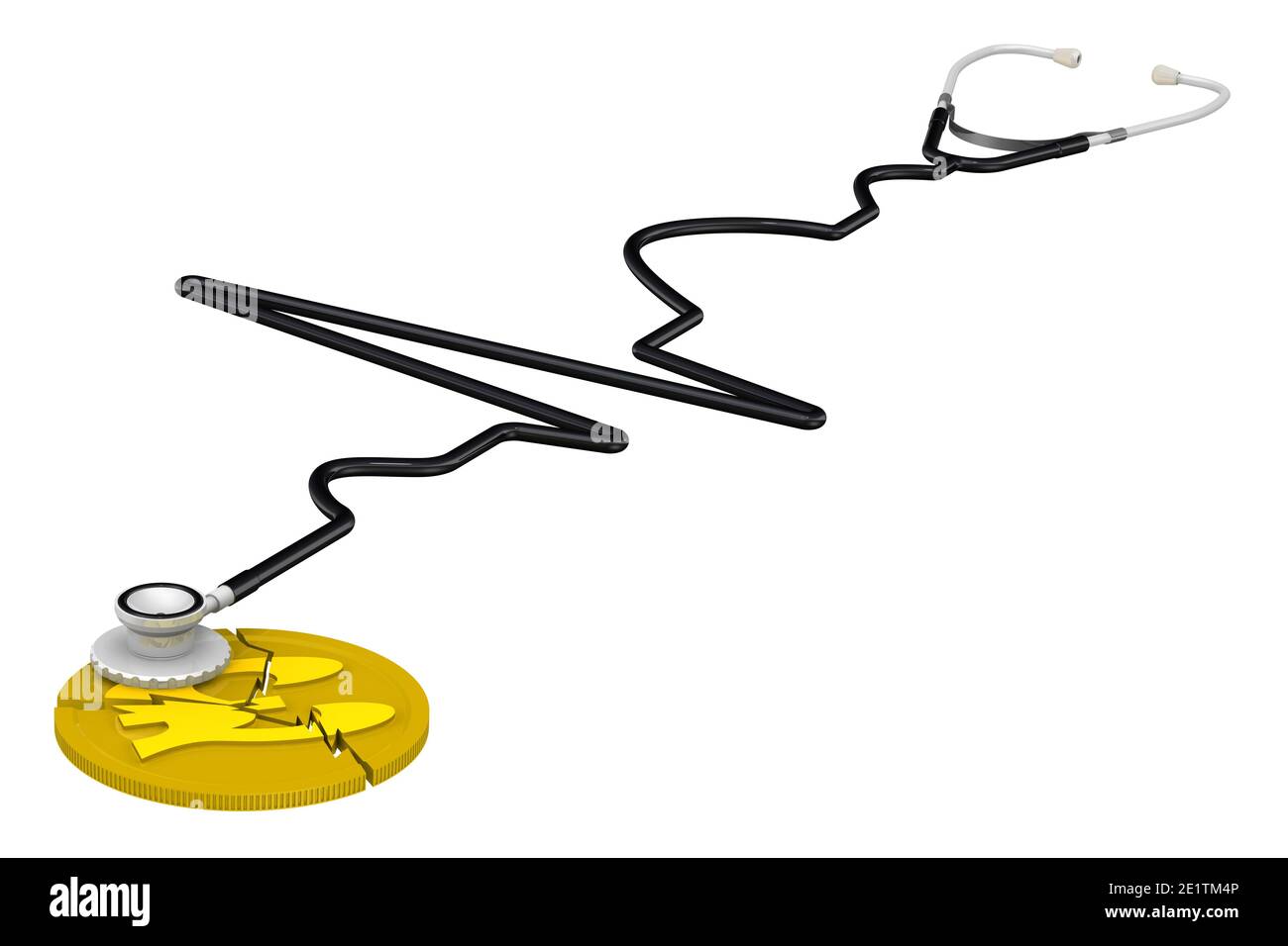 La crise de l'économie britannique. Pièce fissurée avec le symbole de la livre sterling et le phonendoscope. Isolé. Illustration 3D Banque D'Images