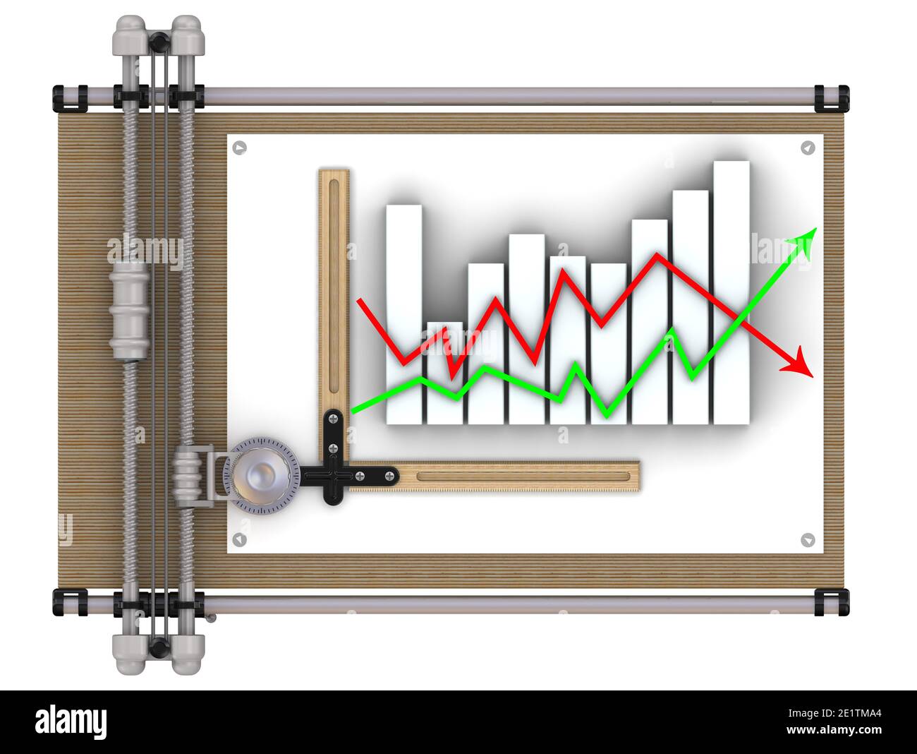 Graphique commercial sur le tableau de dessin. Graphique sur le plan de mise en plan isolé sur fond blanc. Illustration 3D Banque D'Images