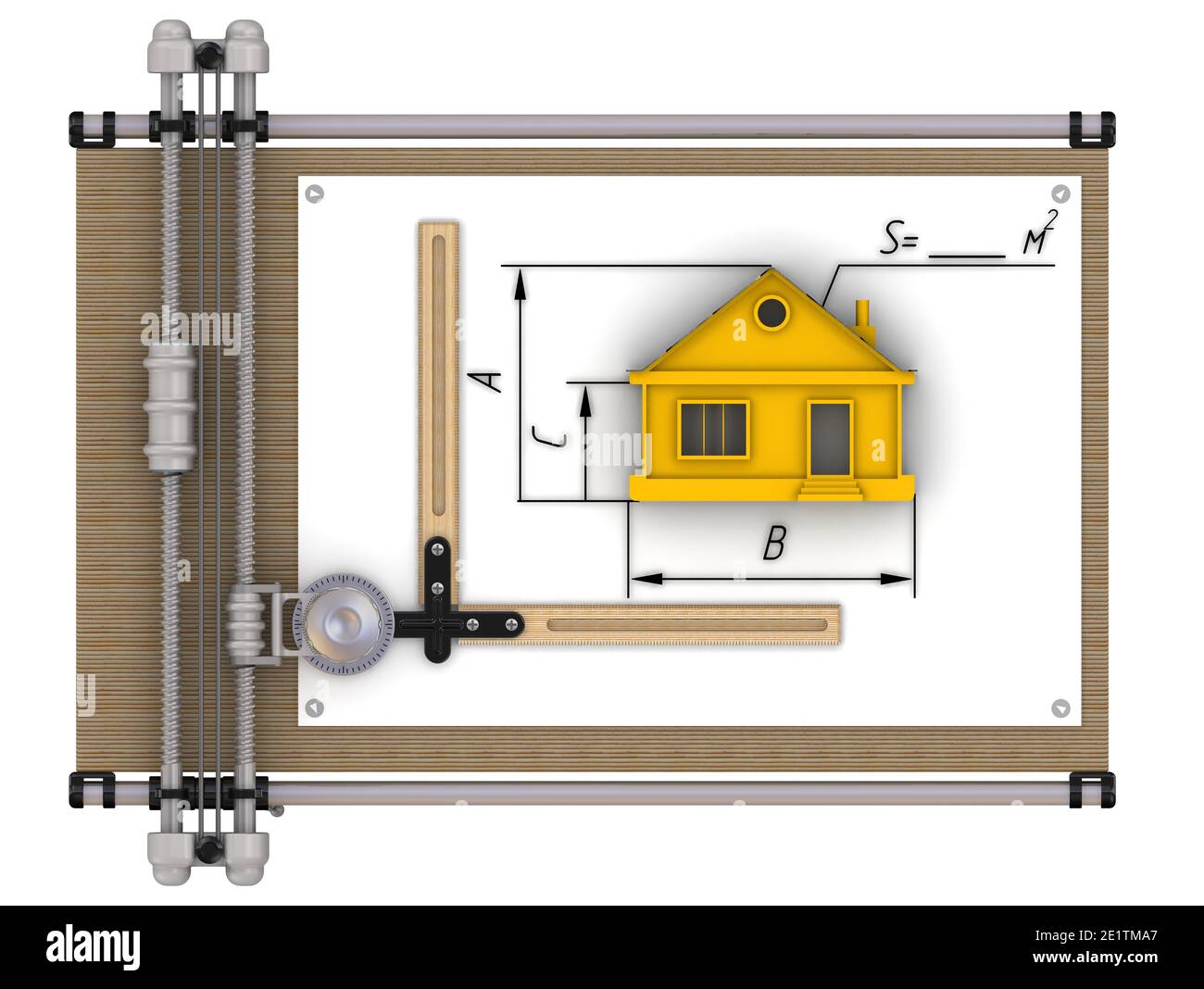 Conception architecturale. Plan de dessin à l'ancienne avec projet de la maison plan isolé sur fond blanc. Illustration 3D Banque D'Images