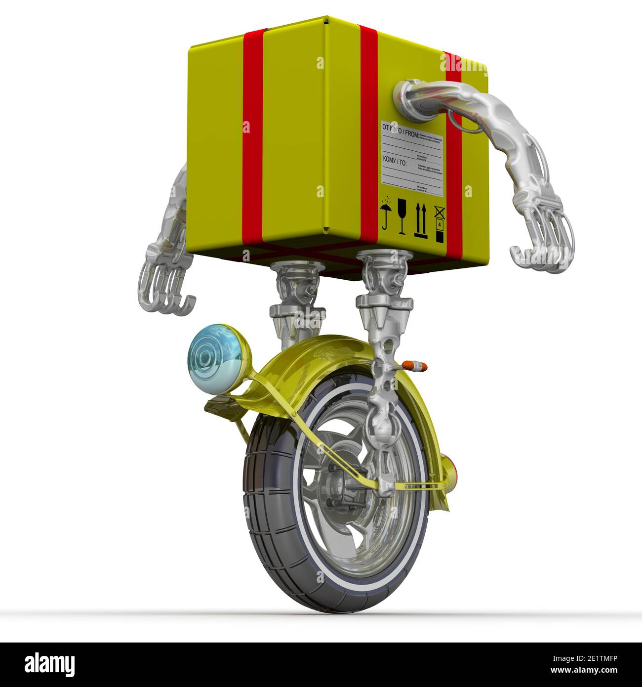 Livraison rapide. Emballage en tant que robot sur le talon de la chaussure.  Colis jaune comme robot sur la monoroue, debout sur une surface blanche.  Illustration 3D Photo Stock - Alamy