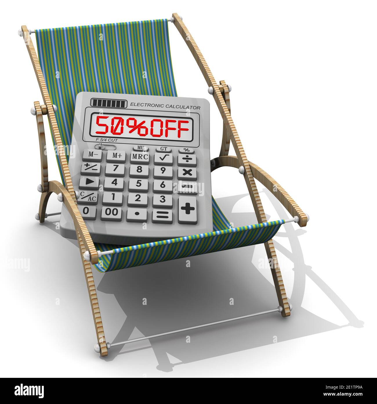 Cinquante pour cent de réduction sur les vacances. La calculatrice électronique avec le texte rouge 50% OFF se trouve sur un fauteuil. Isolé. Illustration 3D Banque D'Images