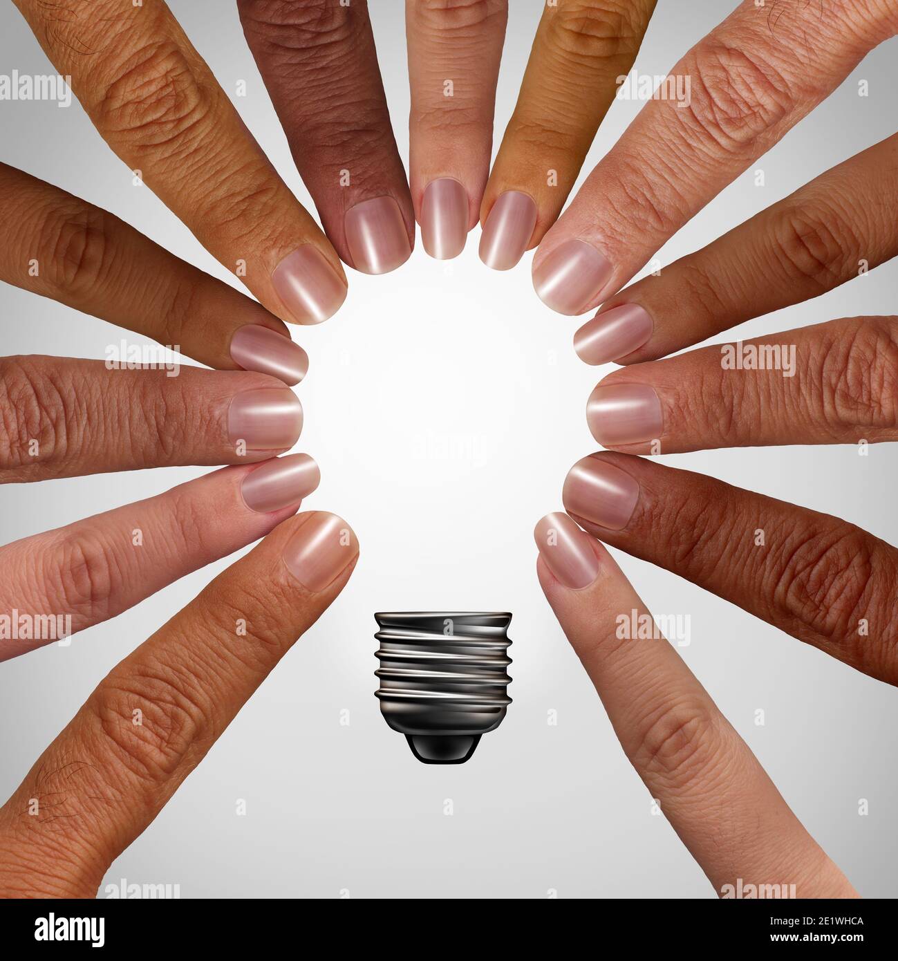 Penser ensemble concept comme un groupe diversifié reliant et se joindre à la forme d'une ampoule d'inspiration comme une métaphore de soutien communautaire. Banque D'Images