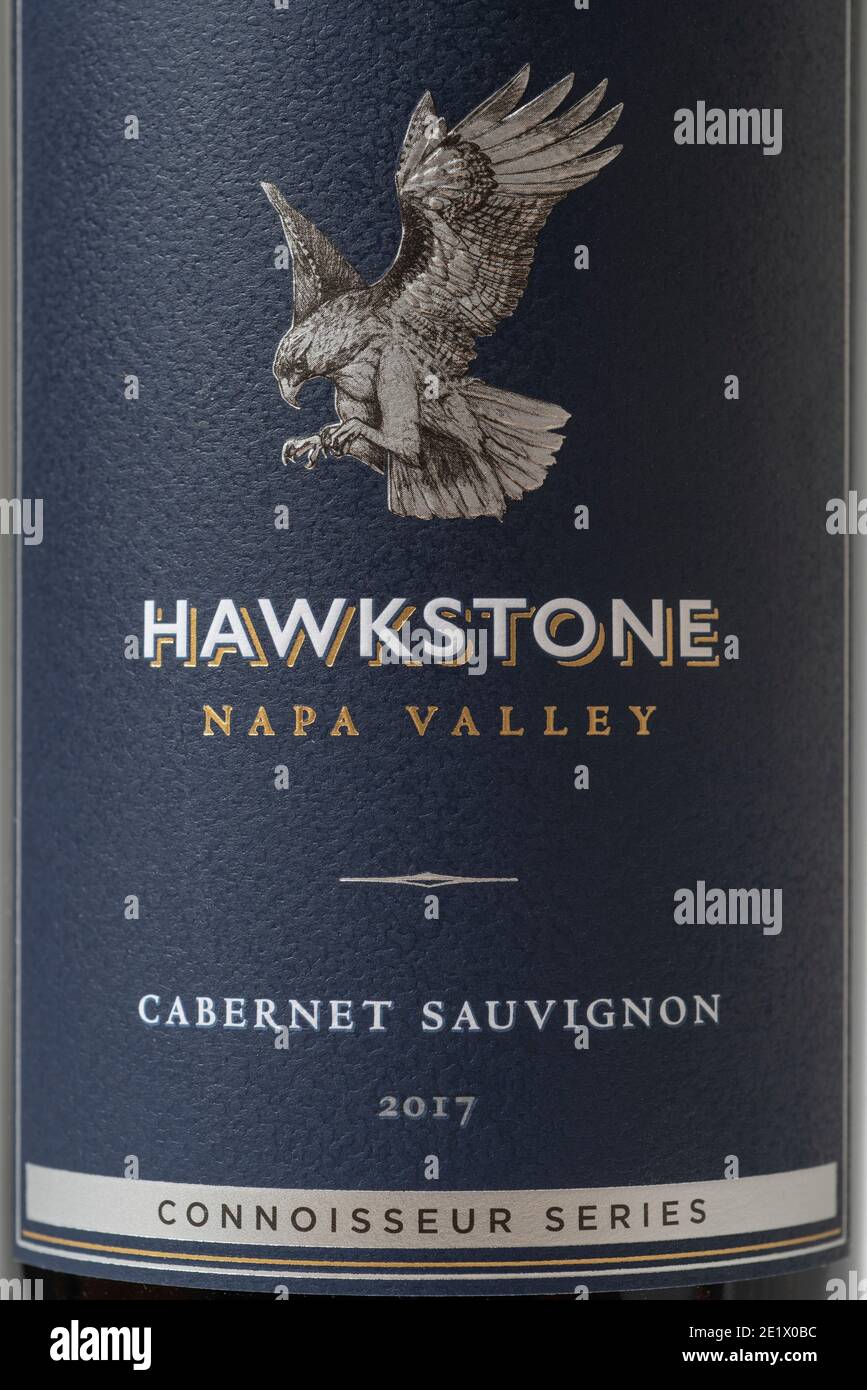 Hawkstone Napa Valley Cabernet Sauvignon étiquette de bouteille de vin rouge californienne Série Connoisseur Banque D'Images