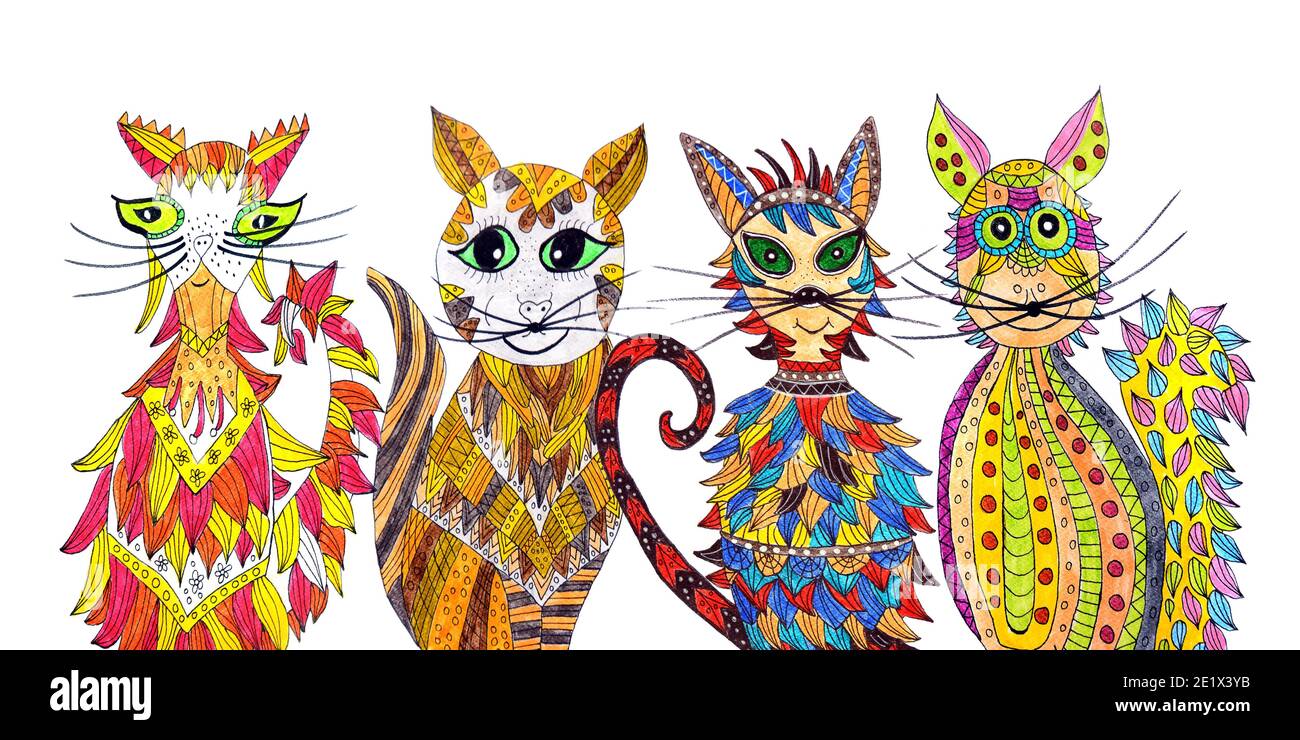 Quatre chats peints, peinture naïve, fond blanc Banque D'Images