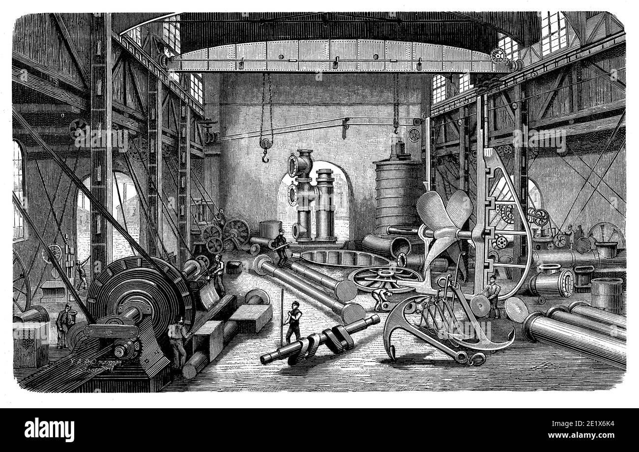 Entrepôt de construction de machines navales : salle d'assemblage et de production, XIXe siècle Banque D'Images