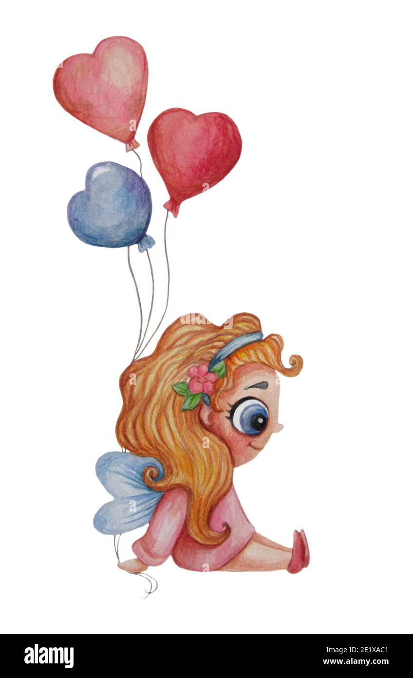 Jolie Petite Fille Ange Avec Des Ailes Et De Longs Cheveux Est Assise Avec Des Ballons En Forme De Coeur Dans Une Robe Rose Sur Un Fond Blanc Aquarelle Dessin A La