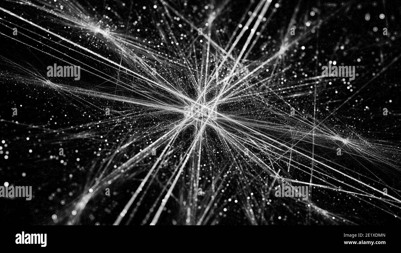 Connexions lumineuses dans l'espace avec des particules, des big data, noir et blanc, carte d'intensité abstraite générée par ordinateur Banque D'Images