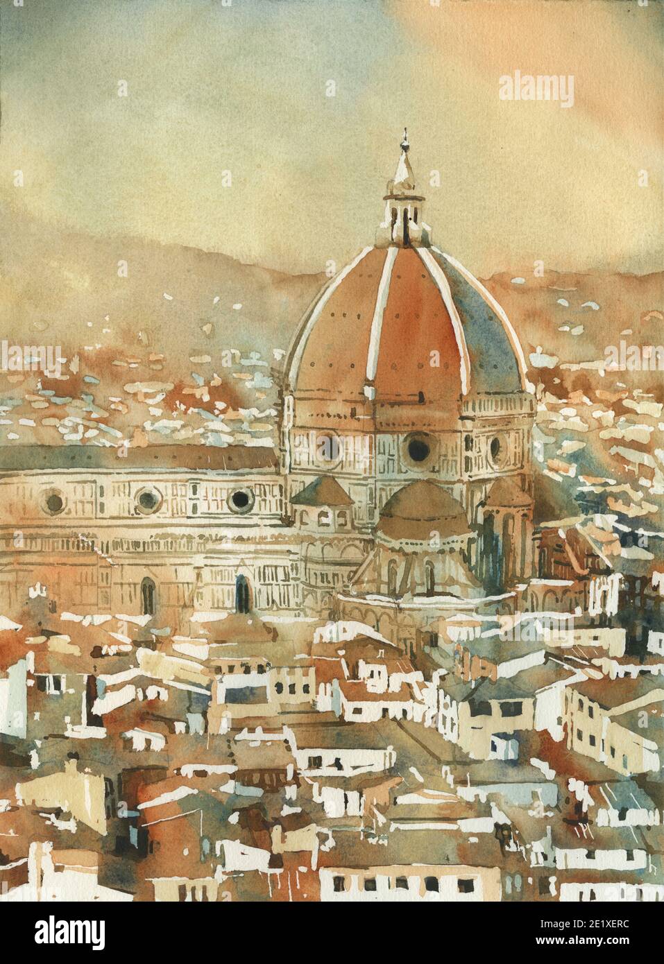 Duomo et le paysage urbain de Florence depuis le Palazzo di Michelangelo- Florence, Italie. Peinture aquarelle du Duomo Firenze Banque D'Images